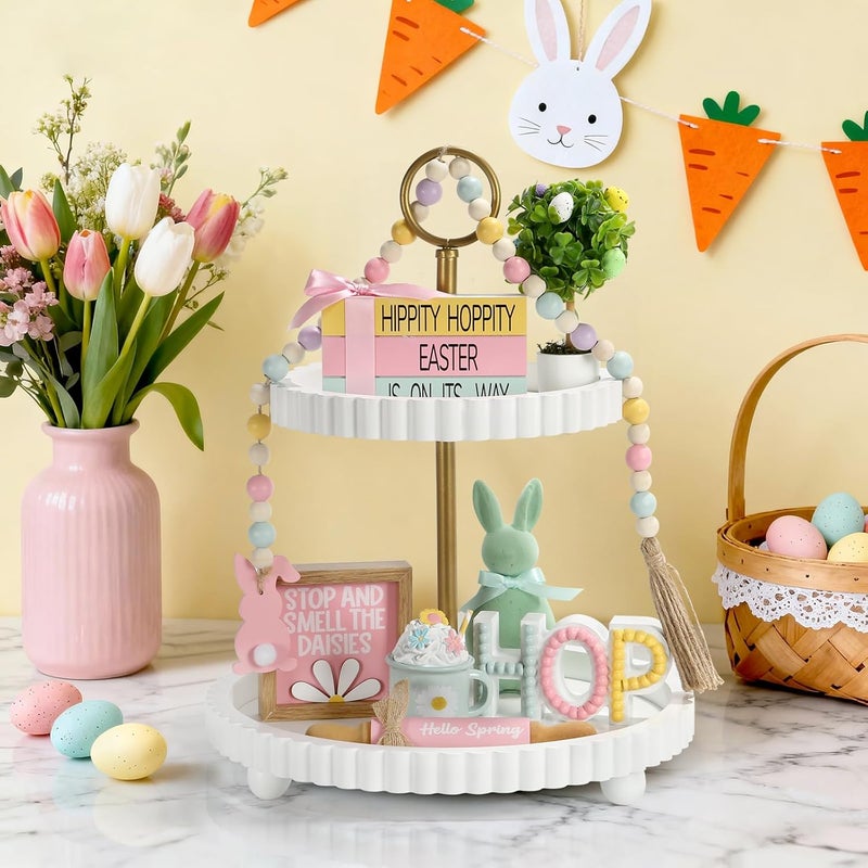 SYNCVIBE 8 PCS Easter Spring Decorations, Easter Bunny Tiered Tray Decoration Set, Spring Table Centerpieces 3D Wood Signs Decorative Plaques for Rustic Farmhouse Shelf Mantel Fireplace Office Desk Coffee Bar - Image 5